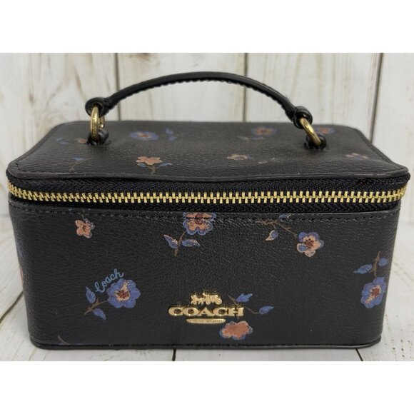 Coach Floral Leather Vanity Travel Jewelry Case in Black Wine 6x3x3 EUC $150 - Picture 1 of 14